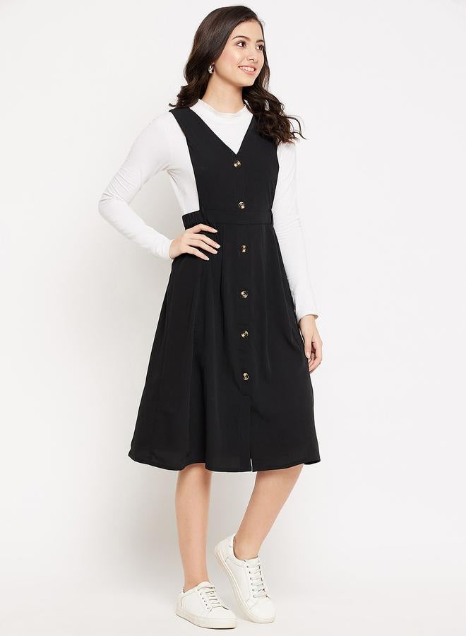 WineRed Women Black Pinafore Flared Midi Dress - Image 3